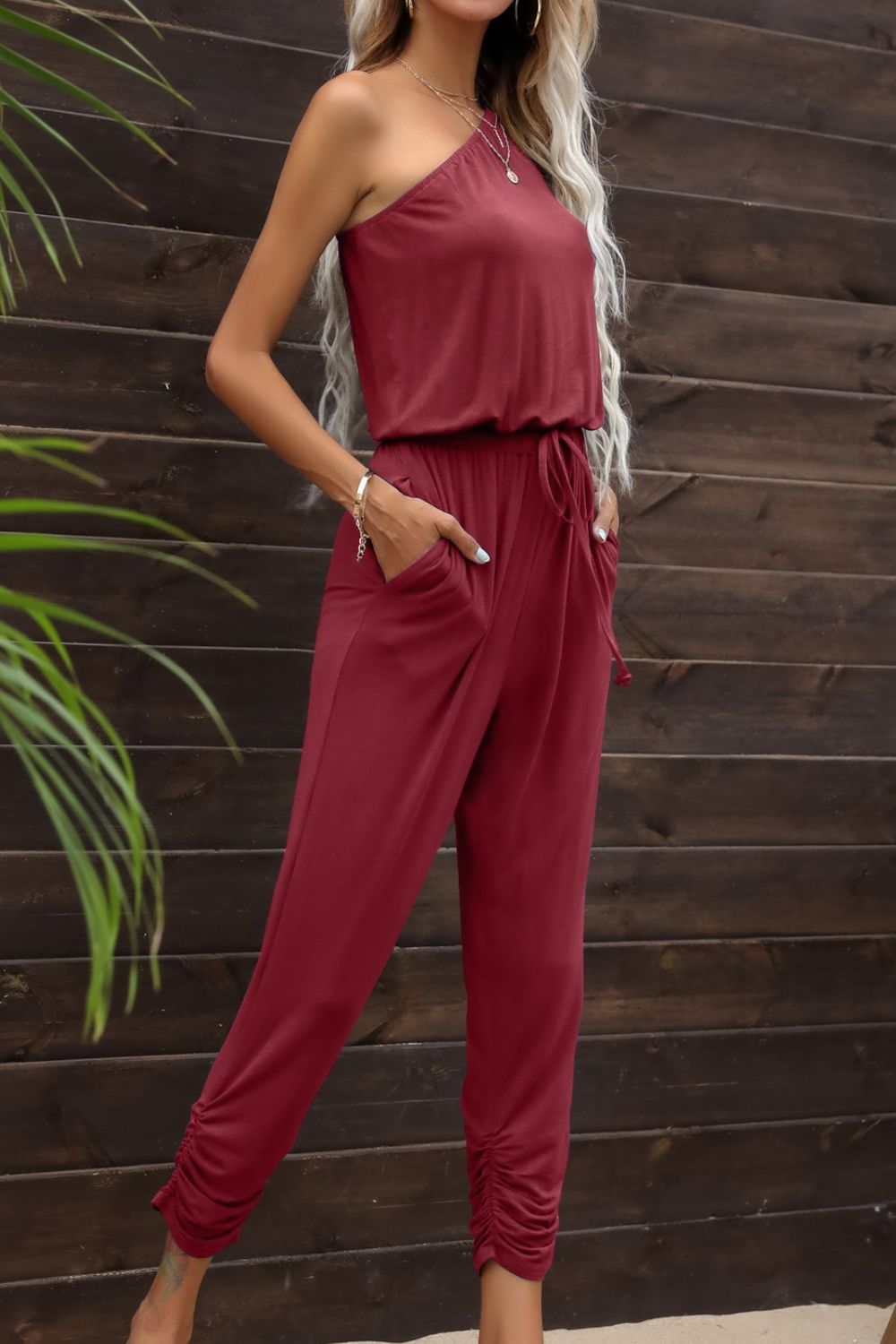 Drawstring Waist One-Shoulder Jumpsuit with Pockets - Shah S. Sahota