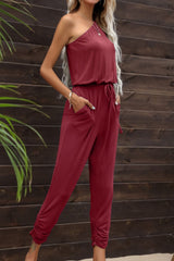 Drawstring Waist One-Shoulder Jumpsuit with Pockets - Shah S. Sahota