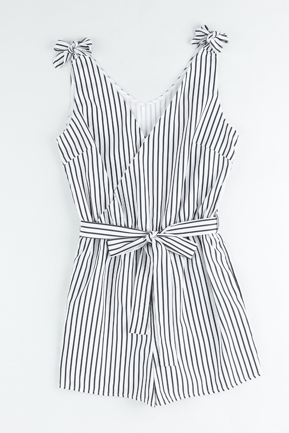 Striped Tie-Shoulder Belted Surplice Romper - Shah S. Sahota