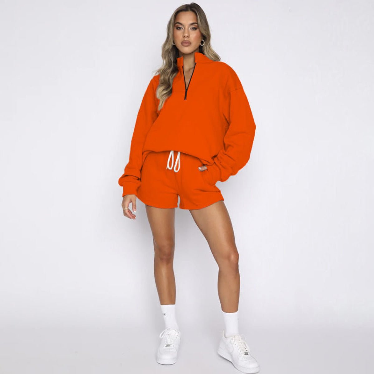 Stand-Up Collar Zipper Pullover Long-Sleeved Sweatshirts & Tie Shorts Lounge Sets - Shah S. Sahota