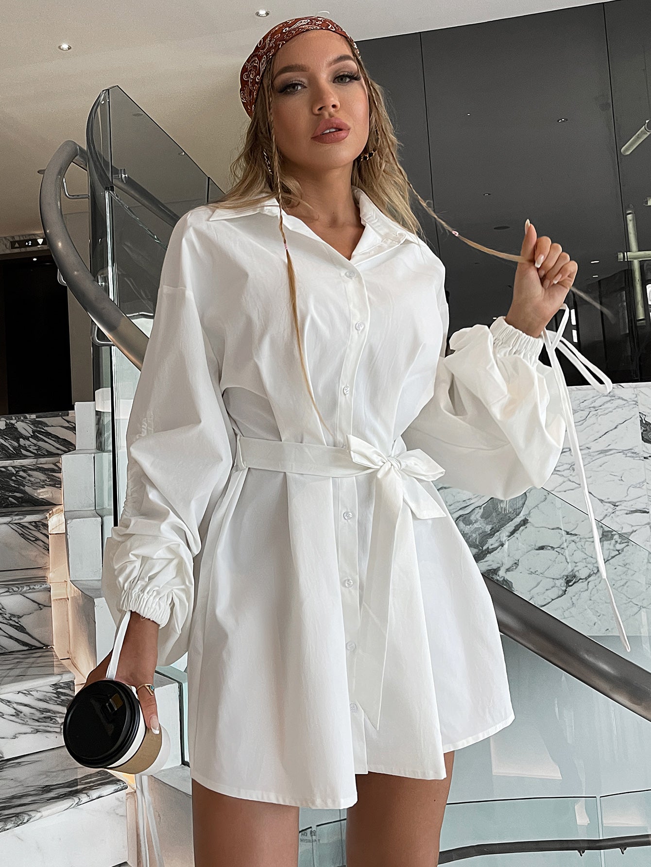 Drawstring Balloon Sleeves Belted Mini Shirt Dress - Shah S. Sahota