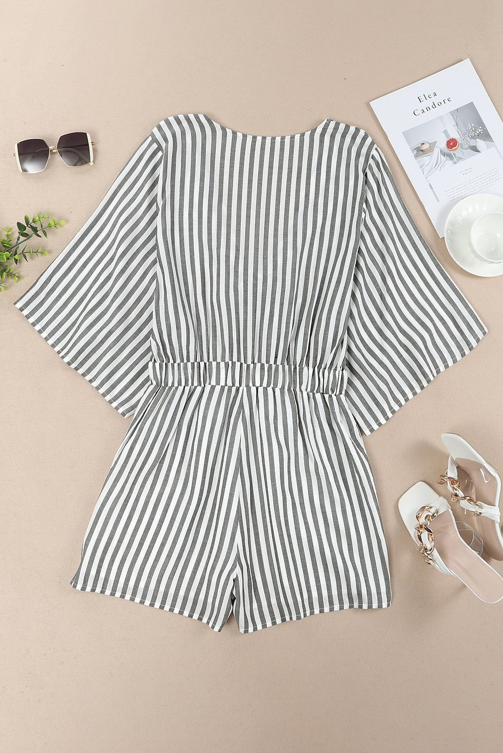 Striped Tie-Front Plunge Romper with Pockets - Shah S. Sahota