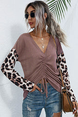 Leopard Drawstring Ruched Deep V Top - Shah S. Sahota