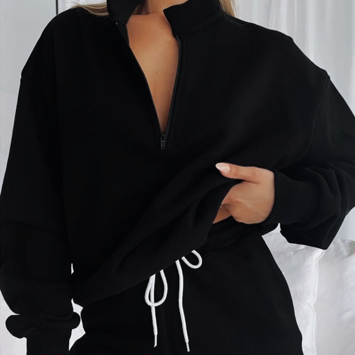 Stand-Up Collar Zipper Pullover Long-Sleeved Sweatshirts & Tie Shorts Lounge Sets - Shah S. Sahota