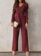 Belted Long Puff Sleeve V-Neck Jumpsuit - Shah S. Sahota