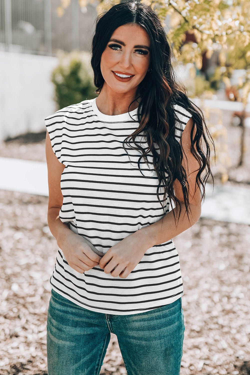 Striped Round Neck Capped Sleeve Top - Shah S. Sahota