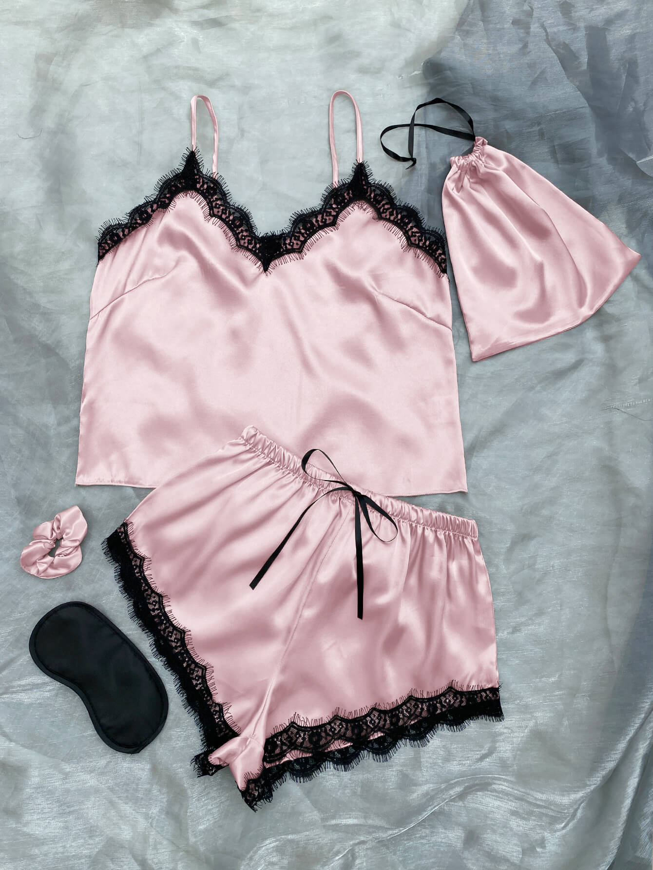Lace Trim Cami, Shorts, Eye Mask, Scrunchie, and Bag Pajama Set - Shah S. Sahota