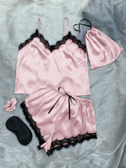 Lace Trim Cami, Shorts, Eye Mask, Scrunchie, and Bag Pajama Set - Shah S. Sahota