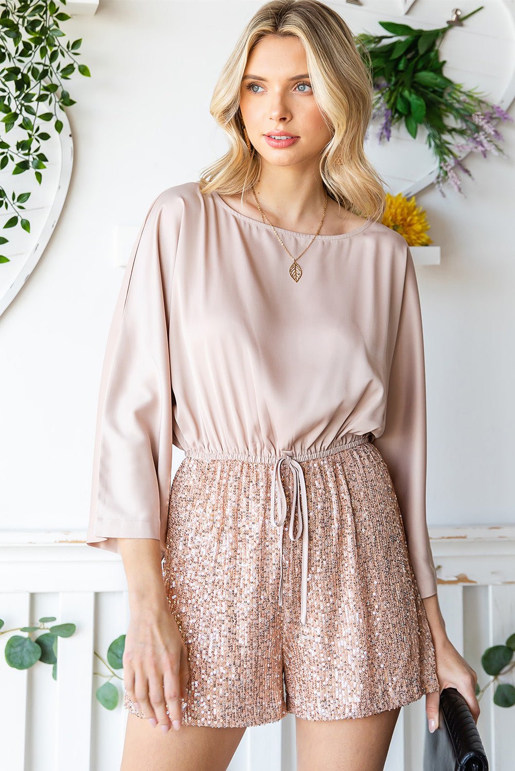 Sequin Drawstring Waist Dolman Sleeve Romper - Shah S. Sahota
