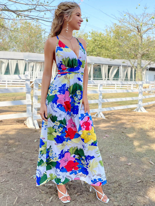 Floral Crisscross Backless Maxi Dress
