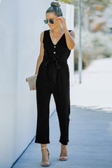 V-Neck Tie Waist Sleeveless Jumpsuit - Shah S. Sahota