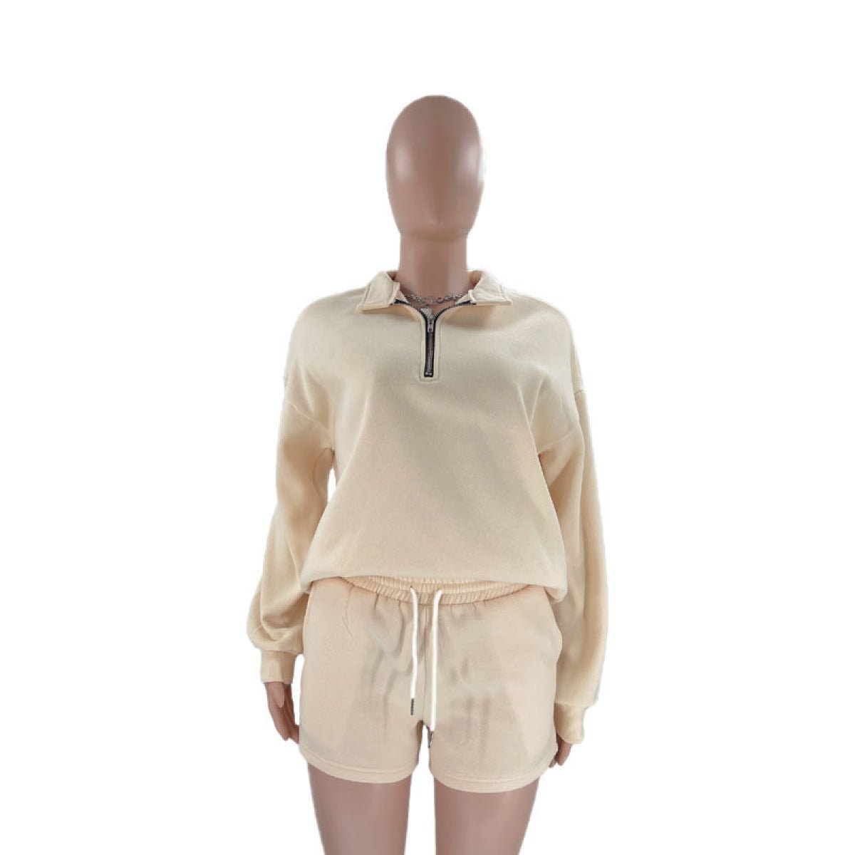 Stand-Up Collar Zipper Pullover Long-Sleeved Sweatshirts & Tie Shorts Lounge Sets - Shah S. Sahota