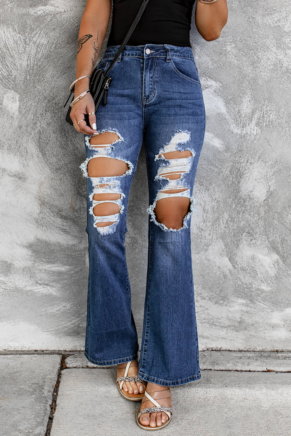 Distressed High Waist Flare Jeans - Shah S. Sahota