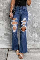 Distressed High Waist Flare Jeans - Shah S. Sahota