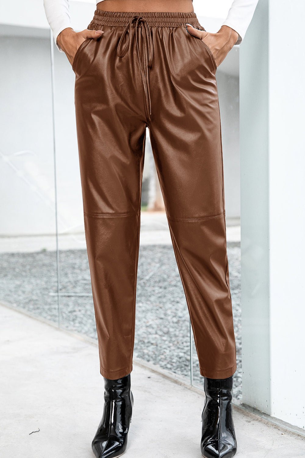 Seamed Elastic Waist PU Leather Pants - Shah S. Sahota