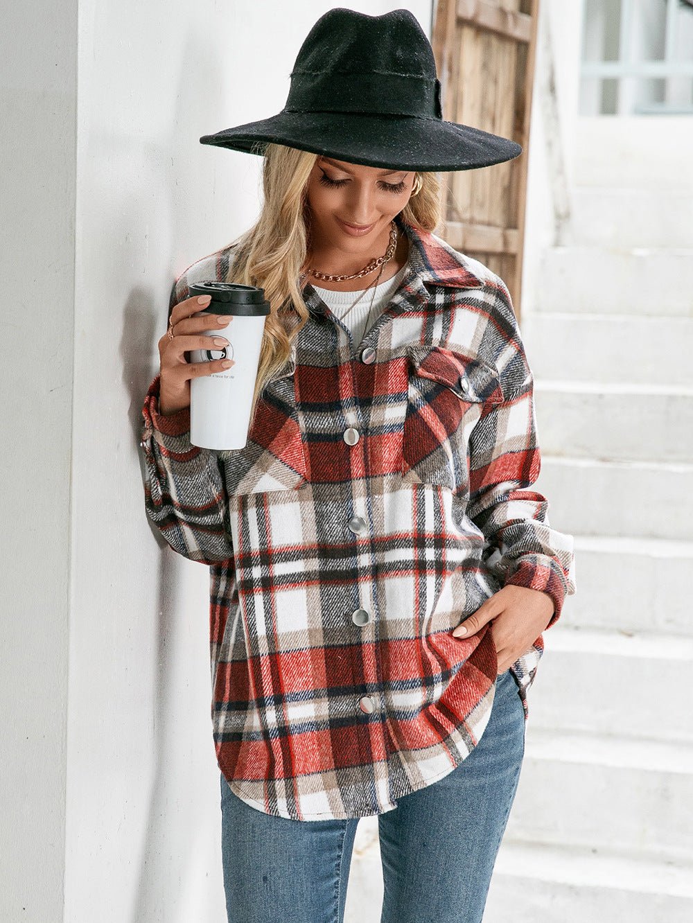 Meet You Outside Plaid Button Down Curved Hem Shacket - Shah S. Sahota