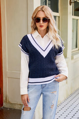 Contrast V-Neck Cap Sleeve Sweater Vest - Shah S. Sahota