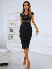 Studded Spliced Mesh V-Neck Dress - Shah S. Sahota