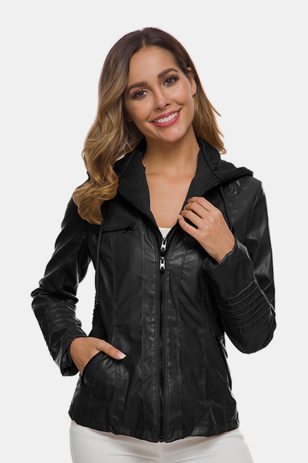 Zipper Front Hooded PU Leather Jacket - Shah S. Sahota