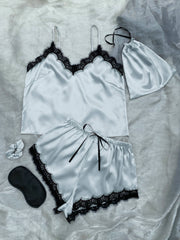 Lace Trim Cami, Shorts, Eye Mask, Scrunchie, and Bag Pajama Set - Shah S. Sahota