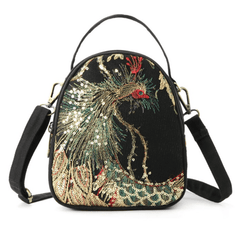 Women's Phoenix Embroidered Crossbody Bag, Triple Layer Large Capacity Shoulder Bag With Headphone Hole - Shah S. Sahota