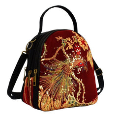 Women's Phoenix Embroidered Crossbody Bag, Triple Layer Large Capacity Shoulder Bag With Headphone Hole - Shah S. Sahota