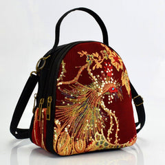 Women's Phoenix Embroidered Crossbody Bag, Triple Layer Large Capacity Shoulder Bag With Headphone Hole - Shah S. Sahota