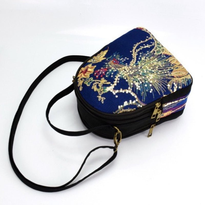 Women's Phoenix Embroidered Crossbody Bag, Triple Layer Large Capacity Shoulder Bag With Headphone Hole - Shah S. Sahota