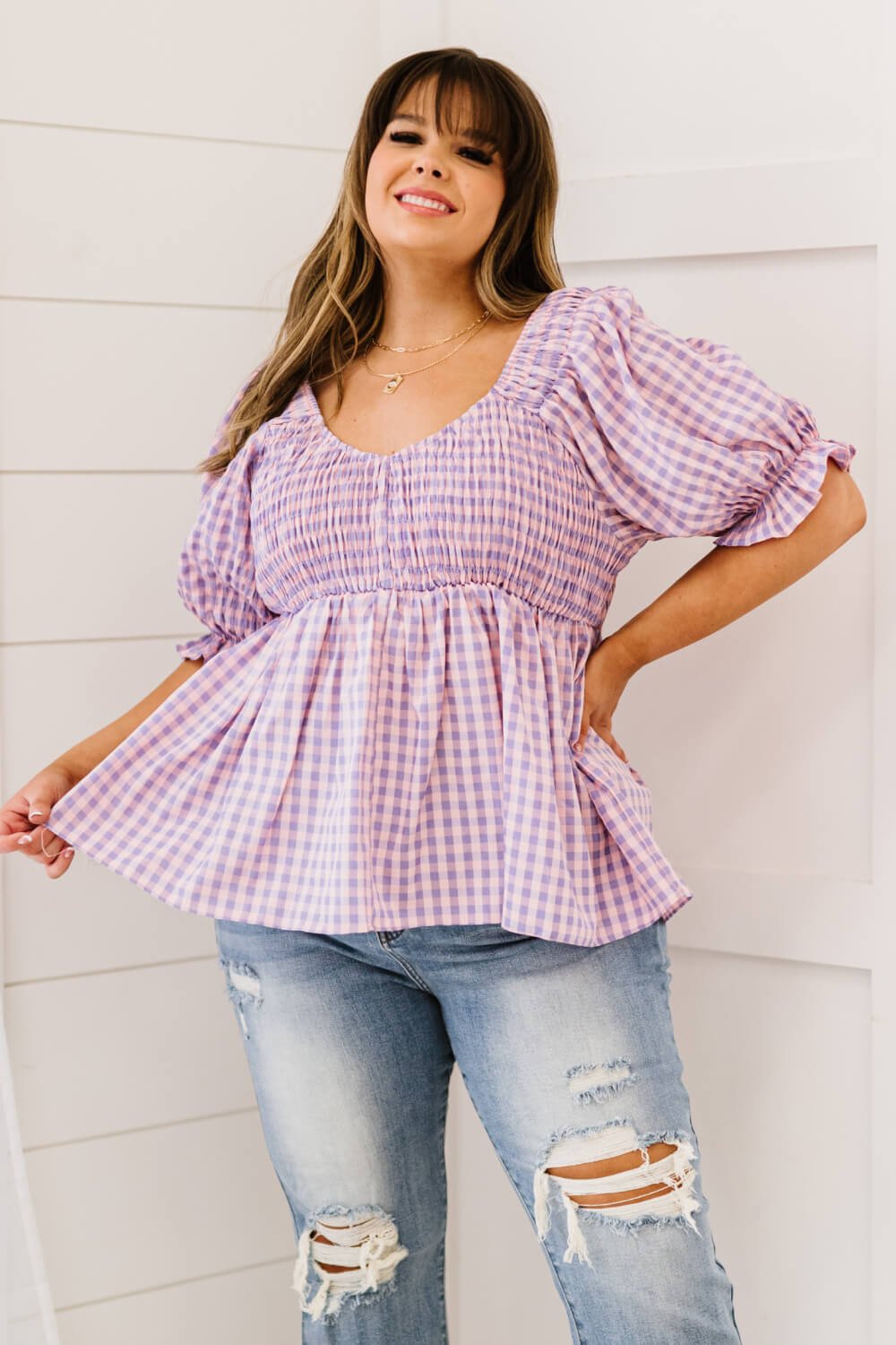 Davi & Dani Youthful Days Full Size Run Gingham Smocked Babydoll Top - Shah S. Sahota