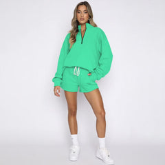 Stand-Up Collar Zipper Pullover Long-Sleeved Sweatshirts & Tie Shorts Lounge Sets - Shah S. Sahota
