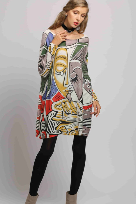 Figure Print Boat Neck Ribbed Top - Shah S. Sahota