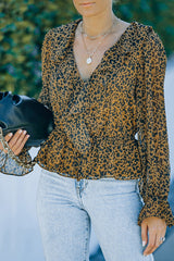 Leopard Ruffled V-Neck Peplum Blouse - Shah S. Sahota