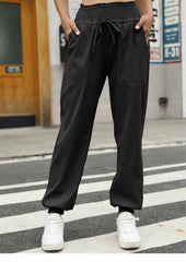 Casual Shirred Elastic High Waist Tie With Pocket Pants