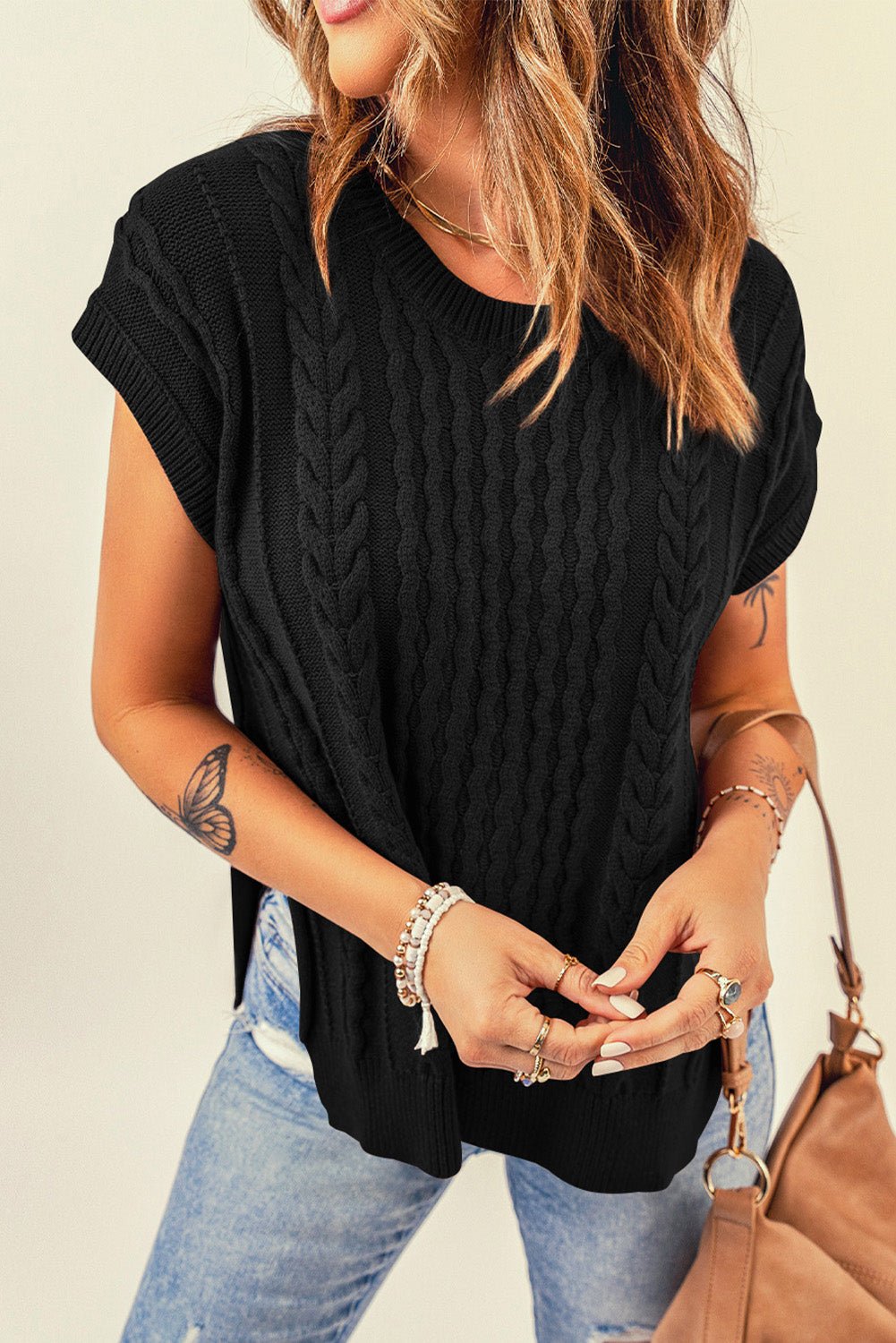 Cable-Knit Side Slit Sweater Vest - Shah S. Sahota