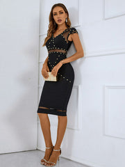 Studded Spliced Mesh V-Neck Dress - Shah S. Sahota