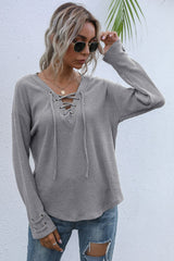Lace-Up V-Neck Ribbed Top - Shah S. Sahota