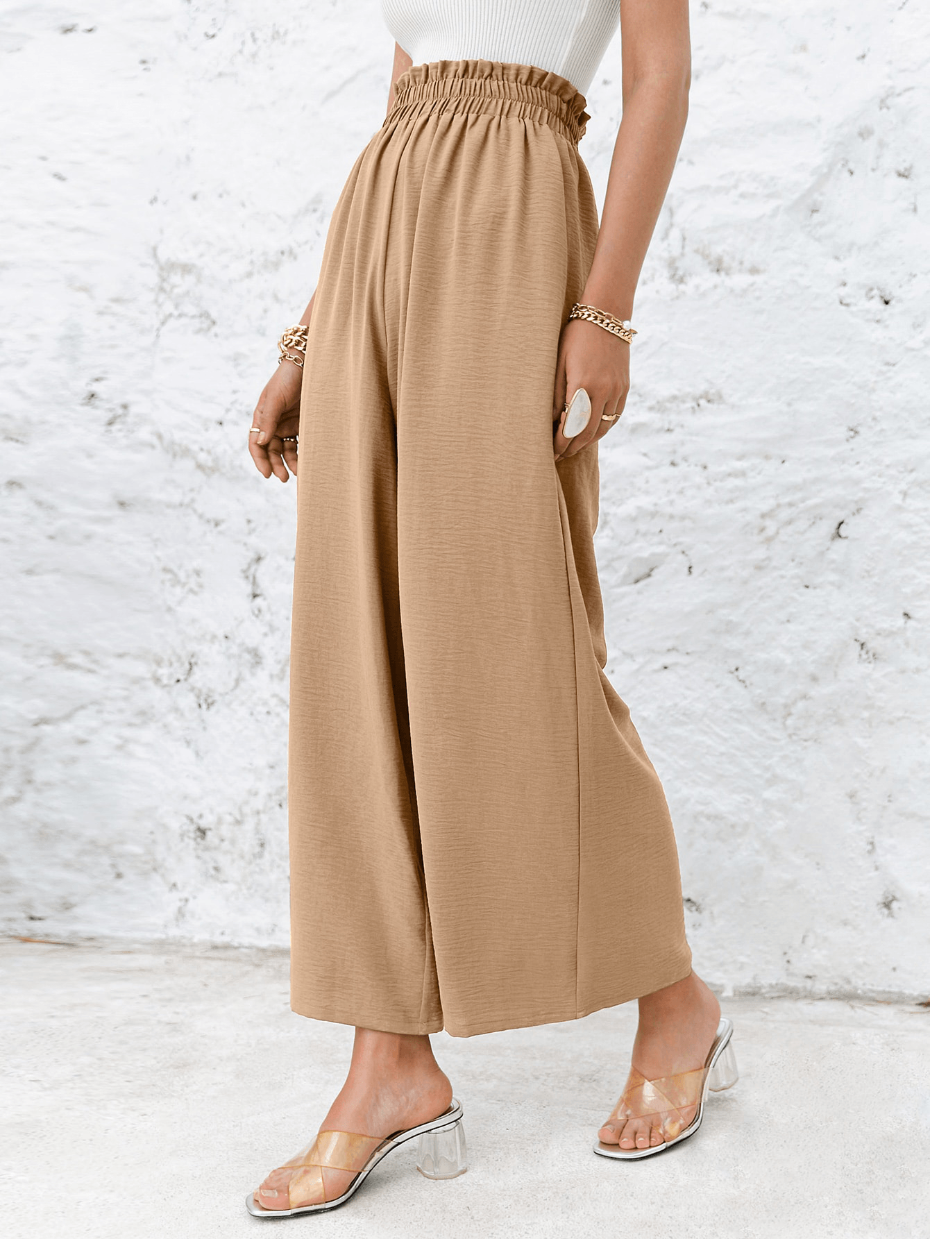 Frill Elastic Waist Wide Leg Pants Without Belt - Shah S. Sahota