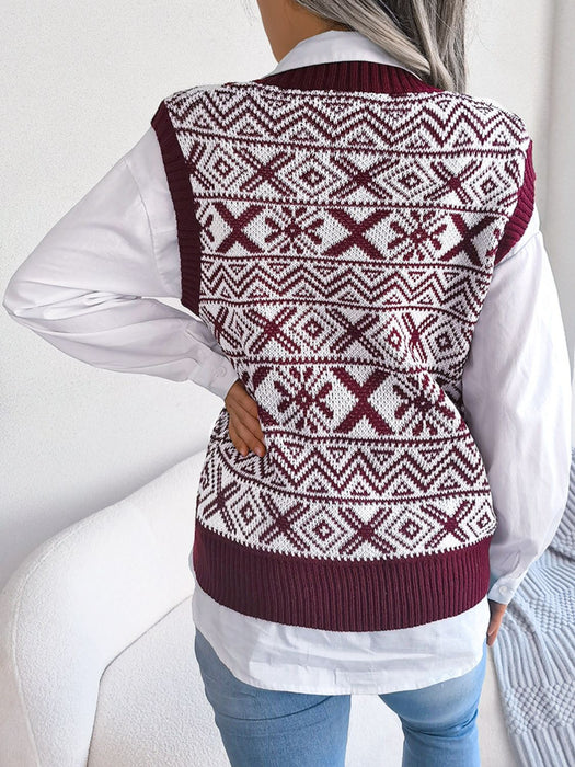 Geometric V-Neck Capped Sleeve Sweater Vest - Shah S. Sahota