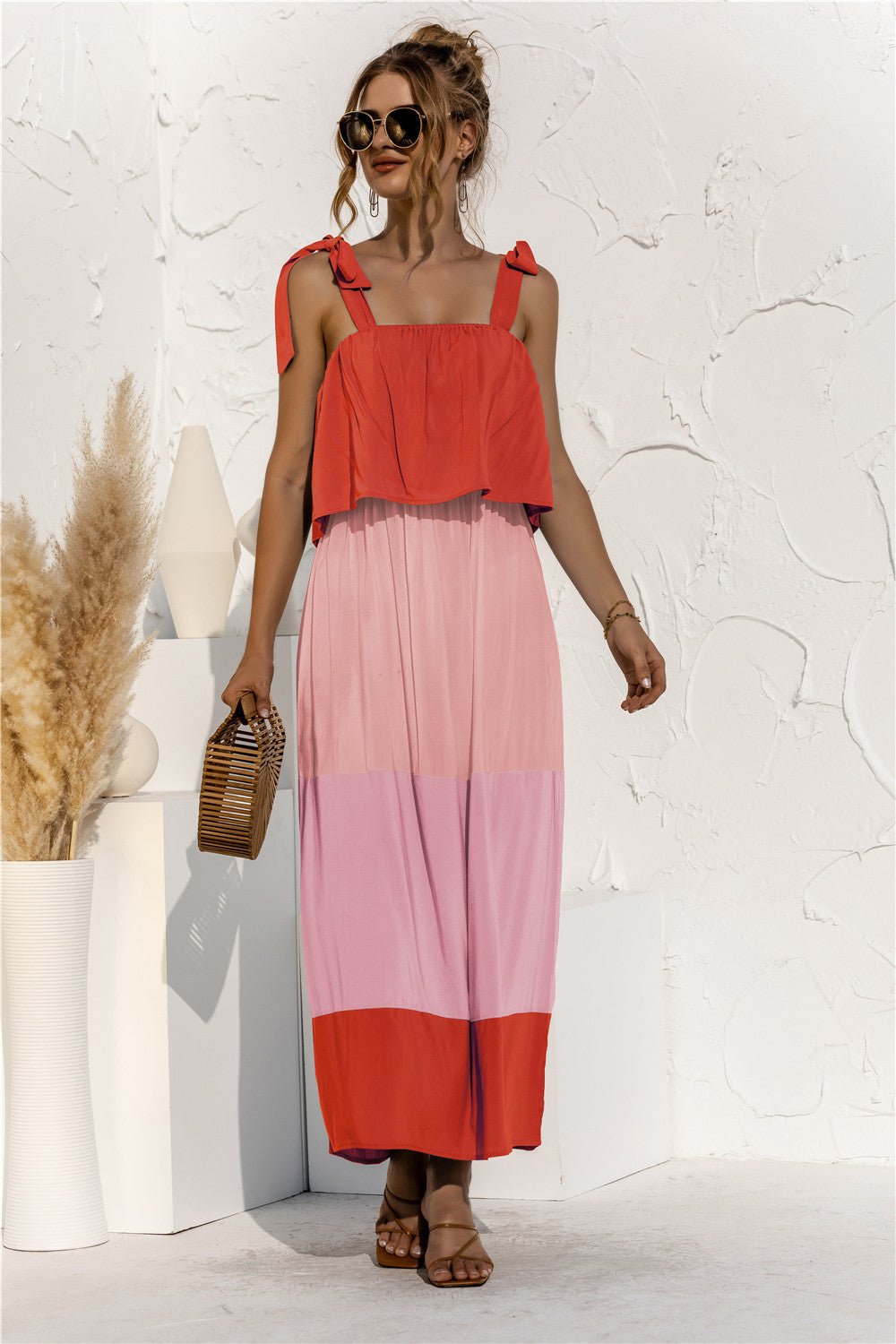 Color Block Tie Shoulder Tiered Sleeveless Dress - Shah S. Sahota
