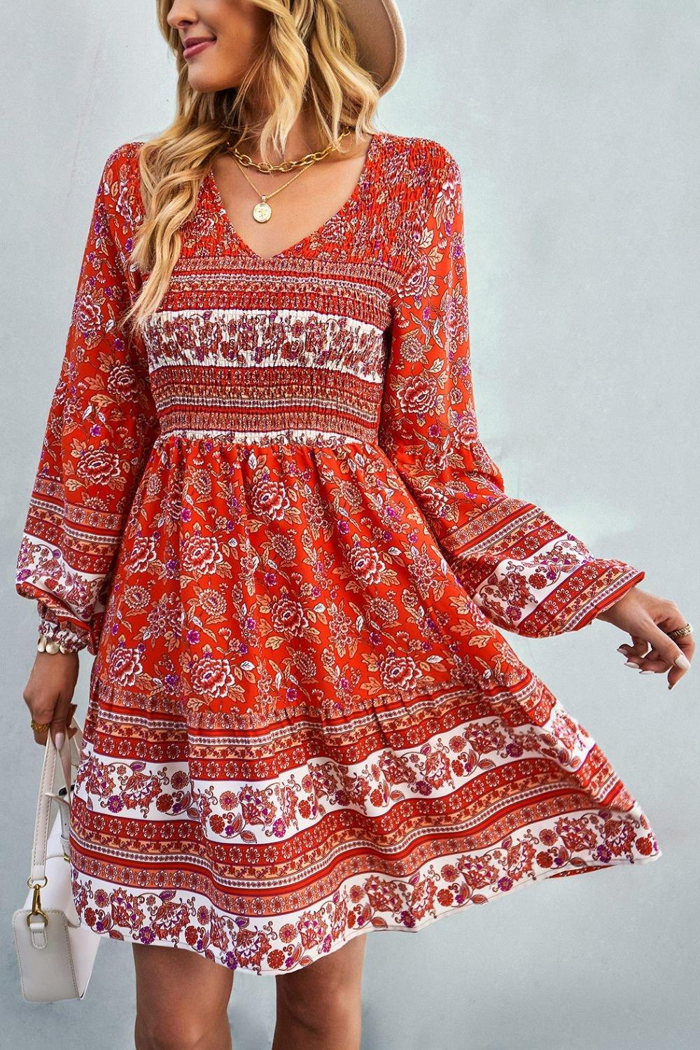 Bohemian V-Neck Balloon Sleeve Dress - Shah S. Sahota