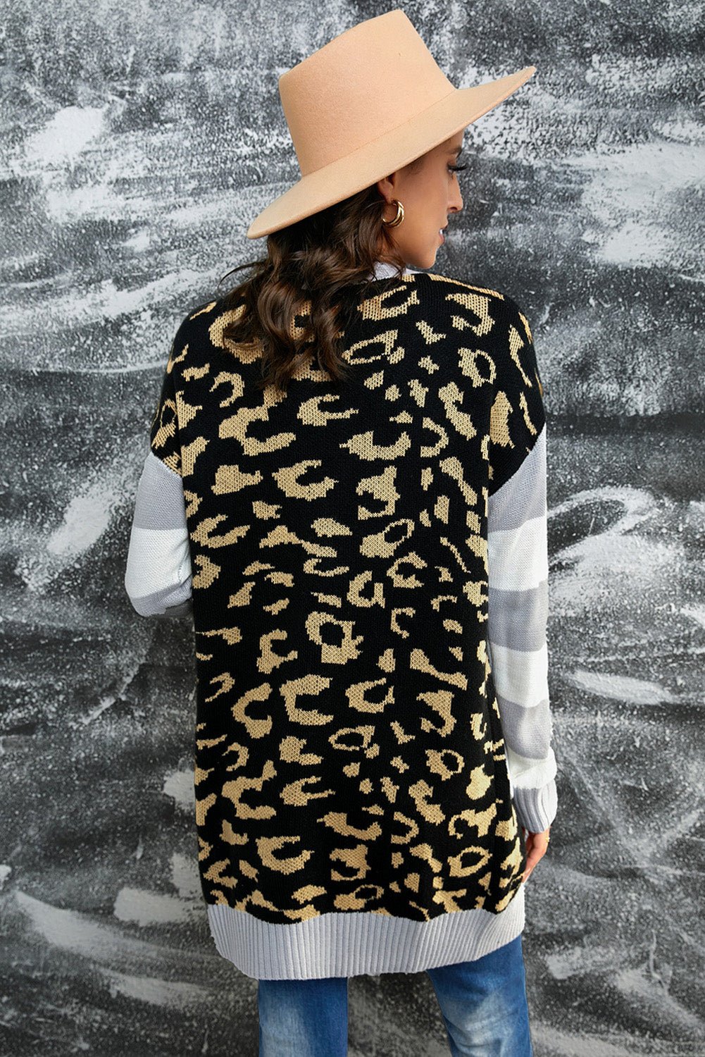 Leopard Print Striped Sleeve Open Front Longline Cardigan - Shah S. Sahota