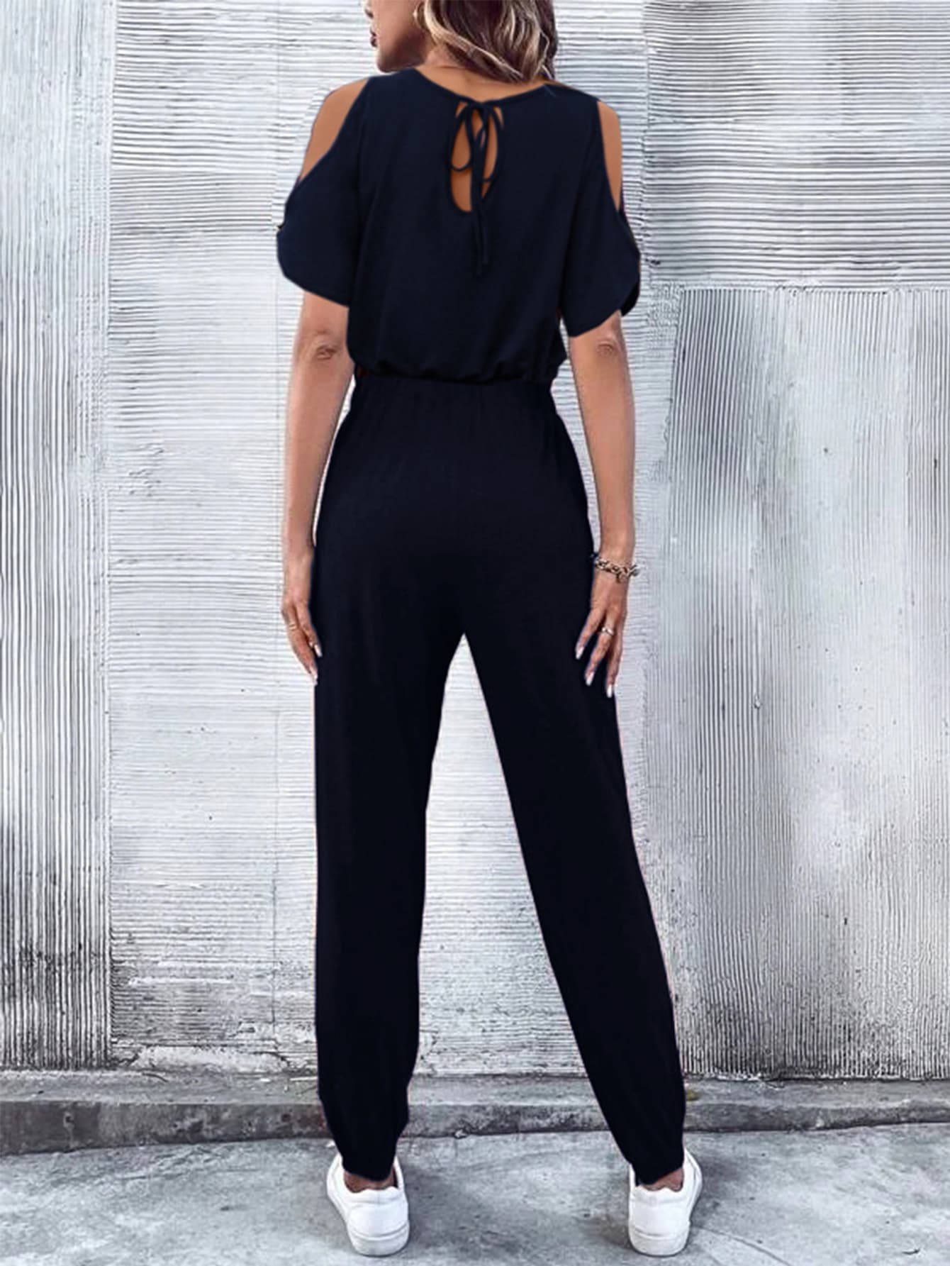 V-Neck Cold-Shoulder Jumpsuit with Pockets - Shah S. Sahota