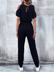 V-Neck Cold-Shoulder Jumpsuit with Pockets - Shah S. Sahota