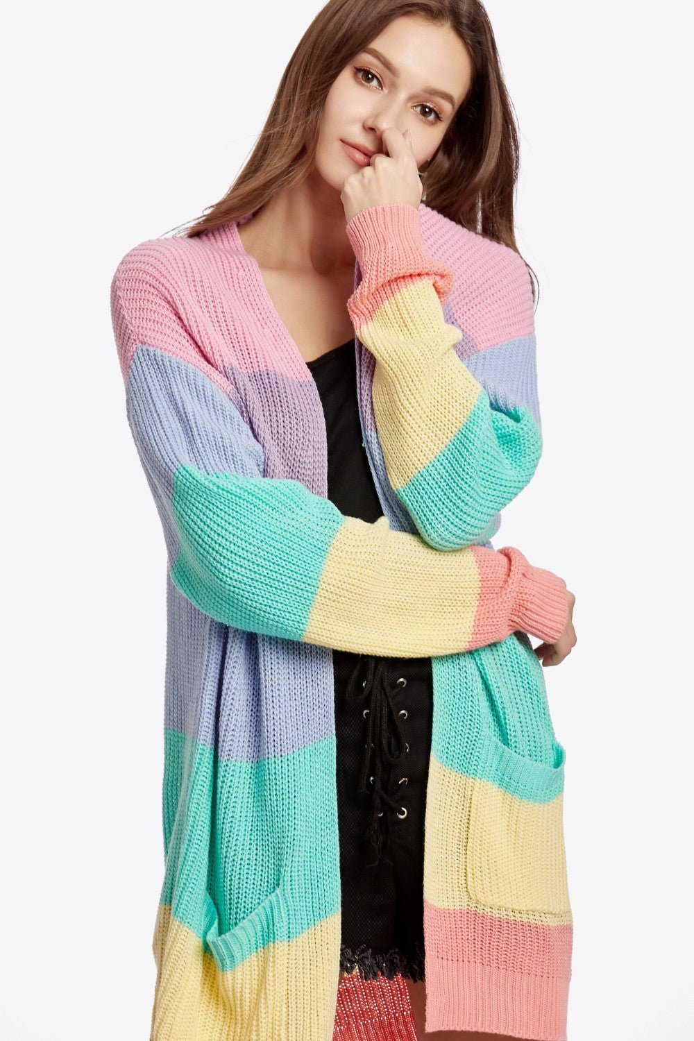 Color Block Open Front Drop Shoulder Cardigan with Pockets - Shah S. Sahota