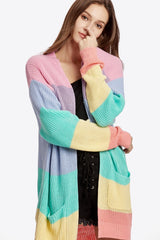 Color Block Open Front Drop Shoulder Cardigan with Pockets - Shah S. Sahota