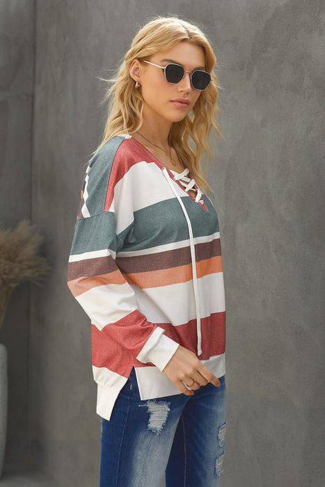 Multicolored Striped Lace-Up Dropped Shoulder Sweatshirt - Shah S. Sahota