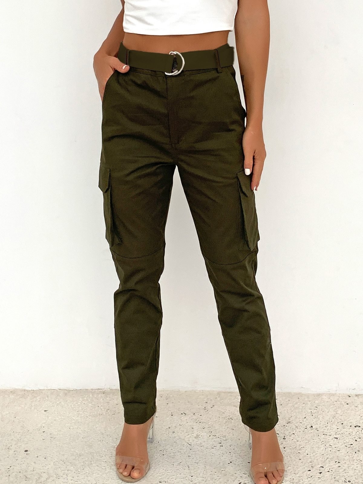 Buckle Belted Solid Cargo Pants - Shah S. Sahota