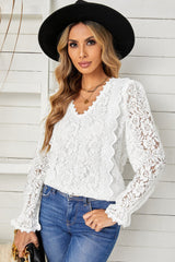 Lace Crochet V-Neck Flounce Sleeve Top - Shah S. Sahota