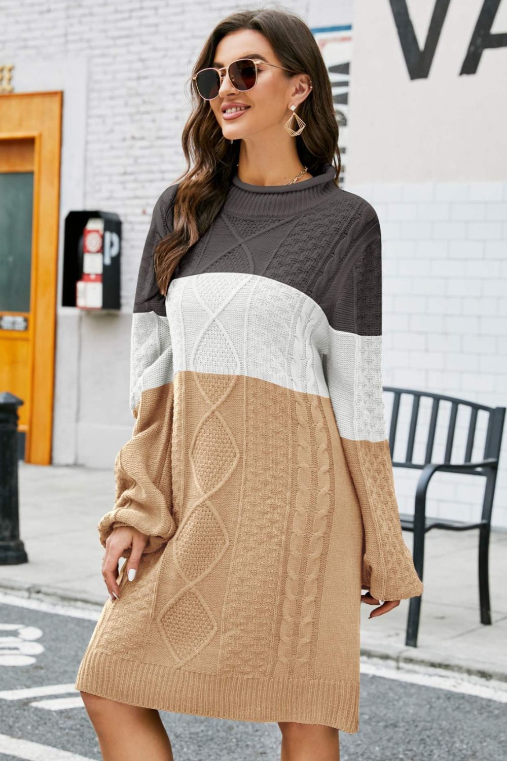 Color Block Mixed Knit Crewneck Sweater Dress - Shah S. Sahota
