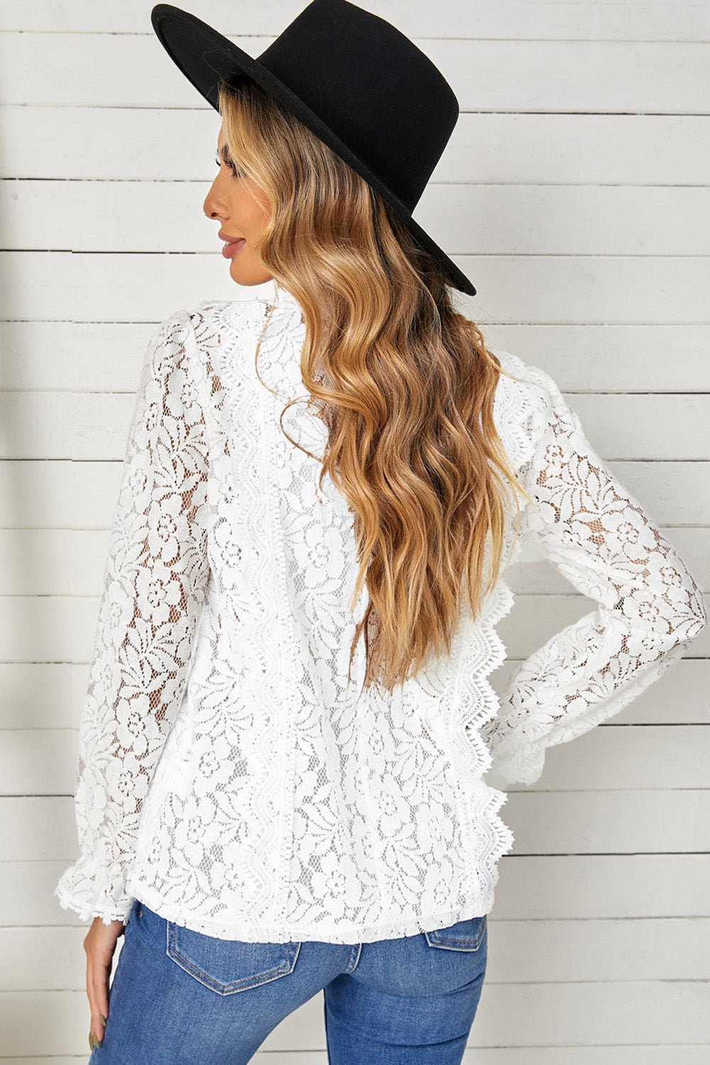 Lace Crochet V-Neck Flounce Sleeve Top - Shah S. Sahota